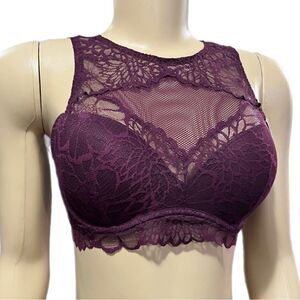 Victorias Secret Pink Push Up Padded High Neck Mesh Lace underwire bralette wine